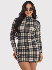 Women's Sheath Dress, Tight Fit Short, Plaid, Long Sleeve, High Neck, Elegant - Màu be - Xem 1