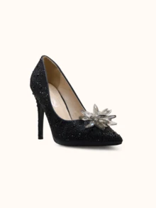 Tacones altos con decoración de flores de diamantes de imitación exquisitos y hermosos para mujer - Negro - Ver 3