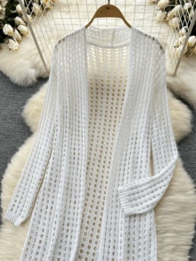 女士休闲时尚针织开衫，纯色宽松镂空设计优雅外套针织开衫，波西米亚风格，海滩度假，春夏款 - 白色 - 查看 2