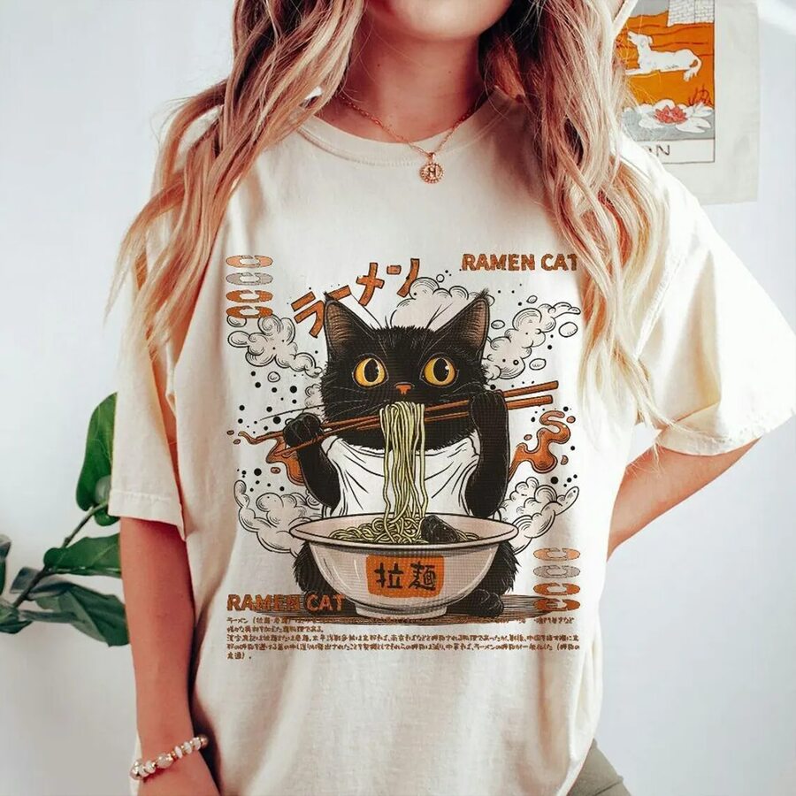 Cotton T-Shirt Soft Ramen Cat Shirt - 奶油色 - 查看 1