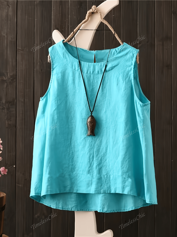Women's Casual Sleeveless Loose Fit Round Neck Bohemian Tops, Suitable For Summer, Mint Blue/Rose Red/Yellow/Green/Apricot/Black/White