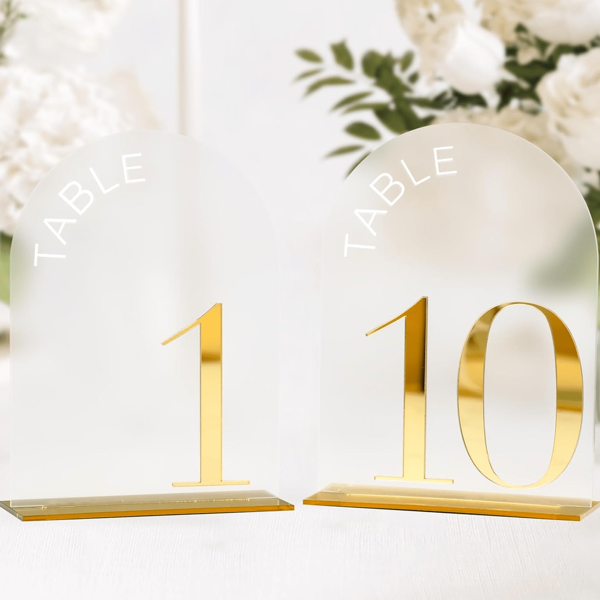 Acrylic Semi-Circular Gold Table Number Holders - 1-40 With Stands, Arched Acrylic Wedding Table Number Signs With Gold Mirror Digits, Suitable For Banquets, Parties, Events, Anniversaries