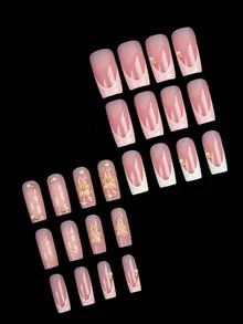 Sanrio 24 件长方形优雅温柔经典白色法式 3D 不对称波浪图案和 3D 金色花朵图案仿珍珠金珠装饰全套假按压指甲套装，为您增添一丝浪漫气息，适合夏季约会和日常生活使用 - 粉色 - 查看 4