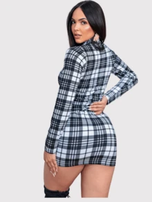Women's Sheath Dress, Tight Fit Short, Plaid, Long Sleeve, High Neck, Elegant - Đen và trắng - Xem 3