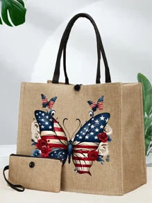 2PCS Large Capacity Is Simple And High -Level, Fashionable, Casual And Portable Design Pink Butterfly Pattern Daily Matching Women's Handbags, Traveling, Traveling, Shopping, Daily Commuting, Gifts, Etc.
