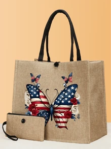 2PCS Large Capacity Is Simple And High -Level, Fashionable, Casual And Portable Design Pink Butterfly Pattern Daily Matching Women's Handbags, Traveling, Traveling, Shopping, Daily Commuting, Gifts, Etc.