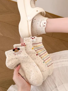 5 Pairs Dot Yarn Women Short Socks Fashion Cute Cartoon Pattern Spring/Summer Sweat Absorbing Breathable Casual Sport Socks