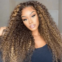 Highlights 13x4 Curly Clear Lace Front Wig 28 Inch Jerry Curls Fiber Mix Human Hair Wig P4/27# Piano Colored 200 Density Human Glueless Natural Hairline Wigs For Women (Bob Wig 8-14 Inch) - Highlight & Piano - View 2
