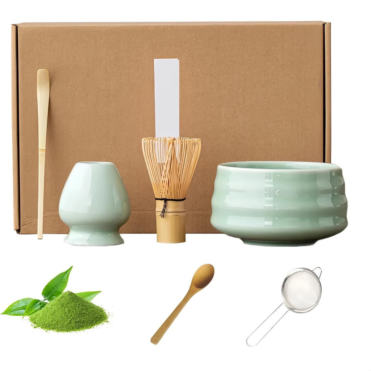 Juego de Batidor de Matcha – Set de 6 Piezas con Tazón, Batidor de Bambú, Soporte, Cuchara, Tamiz de Acero Inoxidable y Cucharilla Medidora - Azul Cadete - Ver 1