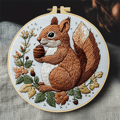 1 pezzo kit di ricamo, kit di ricamo fai-da-te carino con scoiattolo, 20x20cm/7,9x7,9 pollici, adatto per principianti adulti, inclusi manuale di istruzioni, tessuto stampato, telaio da ricamo, ago e filo