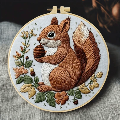 1 Pieza Kit de Bordado, Kit de Bordado DIY Hecho a Mano de Ardilla Lindo de 20x20cm/7.9x7.9 Pulgadas, Adecuado para Principiantes Adultos, Que Incluye Manual de Instrucciones, Tela Estampada, Bastidor de Bordado, Aguja e Hilo