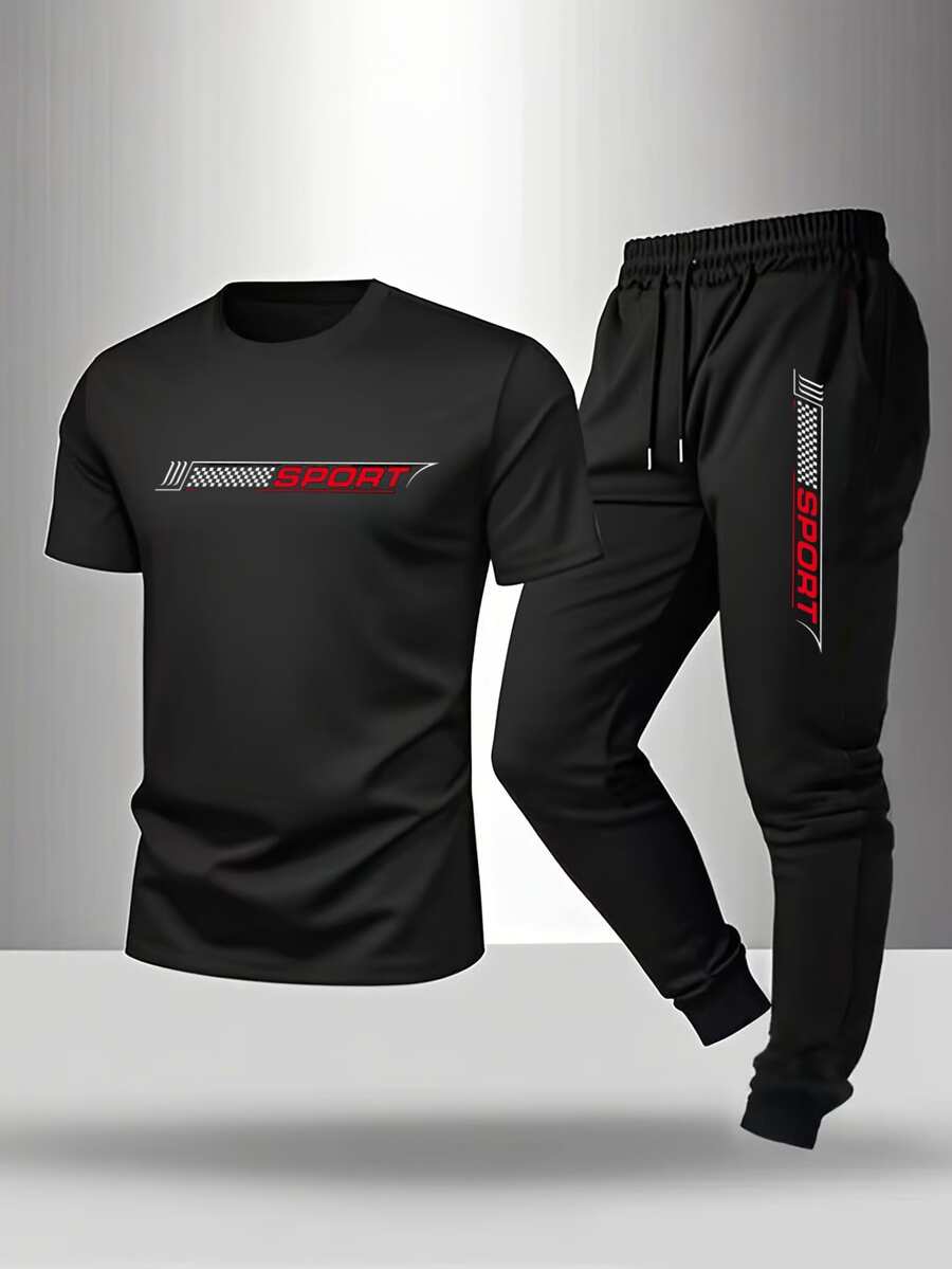 Men's Short-Sleeved T-Shirt Casual Trousers Cotton Suit, Summer 2-Piece Suit Printed Mountain Triangle Icon Print Round Neck T-Shirt + Drawstring Pants Outdoor Casual Sports Pants 2-Piece Suit - 黑色 - 查看 1