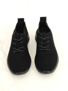 RevReaL Lightweight Knit Lace-Up Sneakers With Contrast Sole Solid Color Preppy Academy - AllBlack - View 4