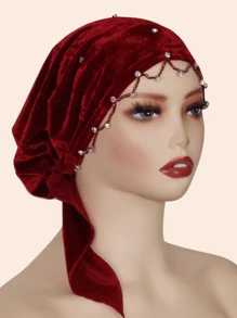 1pc Women Rhinestone Women Turban,Hijab Inner Cap,Fur Specialty Craft Diamond Chain Decorated Headscarf Elegant Middle East Fashion Headwrap