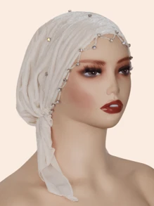 1pc Women Rhinestone Women Turban,Hijab Inner Cap,Fur Specialty Craft Diamond Chain Decorated Headscarf Elegant Middle East Fashion Headwrap