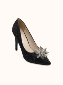 Tacones altos con decoración de flores de diamantes de imitación exquisitos y hermosos para mujer - Negro - Ver 5