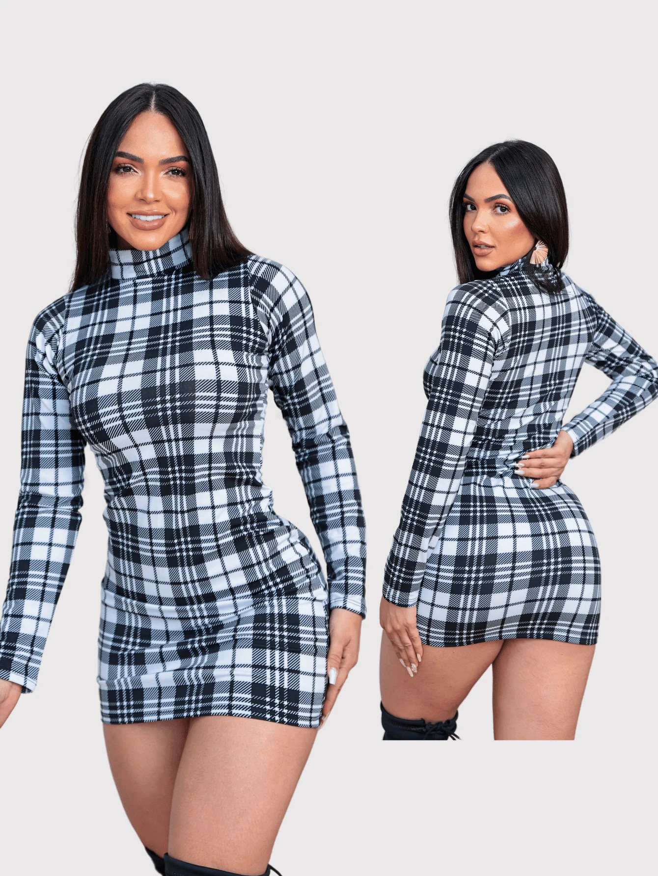 Women's Sheath Dress, Tight Fit Short, Plaid, Long Sleeve, High Neck, Elegant - Đen và trắng - Xem 1