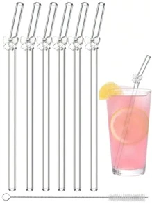 6er Pack wiederverwendbare Glas-Trinkhalme mit Schleifen-Charm - bruchsichere gebogene Trinkhalme Set + Reinigungsbürste - elegante Trinkhalme für Cocktails, Smoothies & kalte Getränke (20cm)