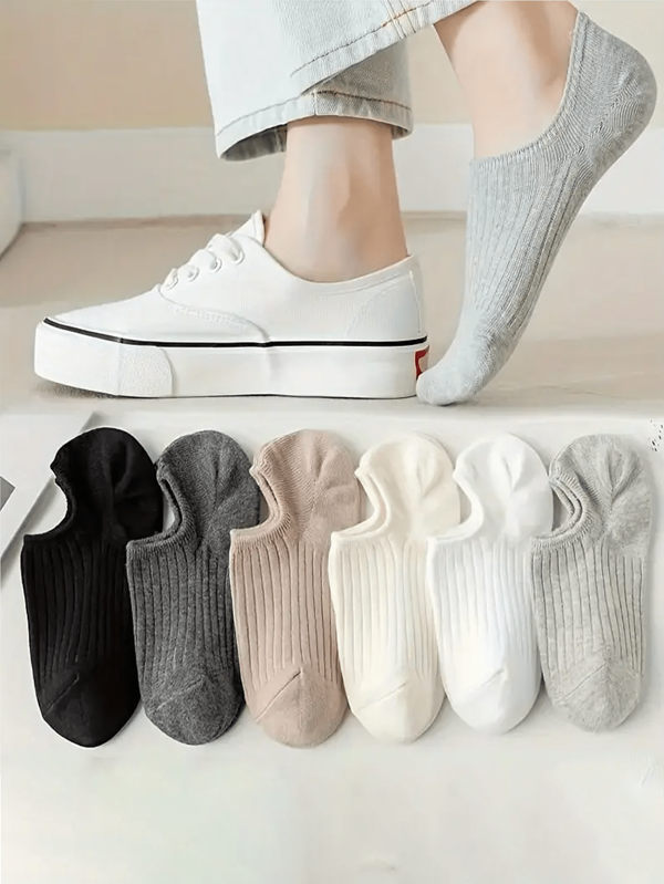 6 Pairs Solid Pinstripe Boat Socks, Simple Comfy & Breathable Socks, Women's Stockings & Hosiery(1/3/6 Pairs)