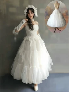 1 件女式长白色衬裙，双层水晶欧根纱 + 1 层衬里，长度 80 厘米，无骨衬裙，洛丽塔日常裙，芭蕾舞短裙，延长衬裙，白色，无骨衬裙，可调节洛丽塔衬裙，柔软女孩裙，薄纱裙，云裙箍，可穿外套短/长裙，新娘婚纱礼服服装角色扮演配饰衬裙，舞裙秋季女士服装 - 白色 - 查看 9