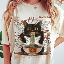 Cotton T-Shirt Soft Ramen Cat Shirt - 奶油色 - 查看 2