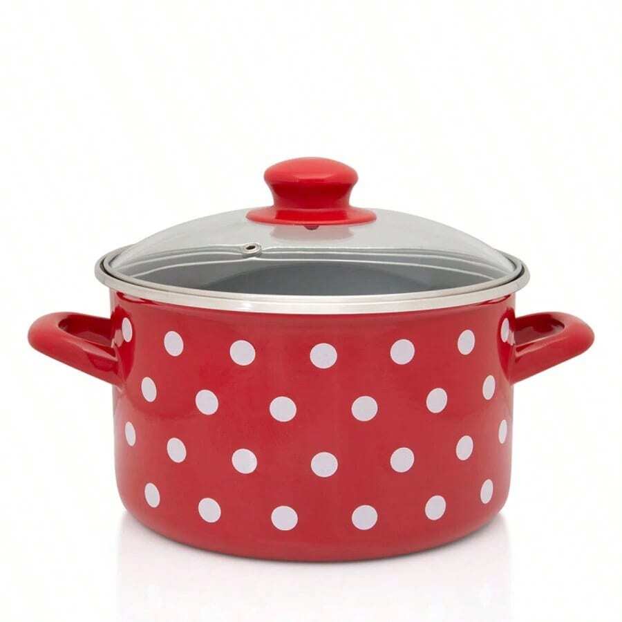 U HOME - Olla de leche esmaltada con tapa, cuenco de esmalte para comida de bebé, cuenco para oreja, cuenco de arroz de dibujos animados con tapa, olla de inducción, cocina - Rojo Alta - Ver 1