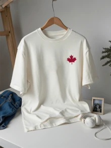 Women's Spring/Summer White Graphic T-Shirt - Street Casual Maple Leaf Lettering, Short-Sleeved Crewneck For Travel & Everyday Fashion - Beige - View 2