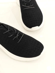 RevReaL Lightweight Knit Lace-Up Sneakers With Contrast Sole Solid Color Preppy Academy - Black - View 2