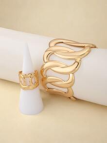 2 件复古金属几何夸张线条缠绕手链和可调节戒指套装，女士百搭配饰 - 金色 - 查看 4