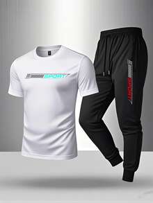 Men's Short-Sleeved T-Shirt Casual Trousers Cotton Suit, Summer 2-Piece Suit Printed Mountain Triangle Icon Print Round Neck T-Shirt + Drawstring Pants Outdoor Casual Sports Pants 2-Piece Suit - trắng - Xem 1