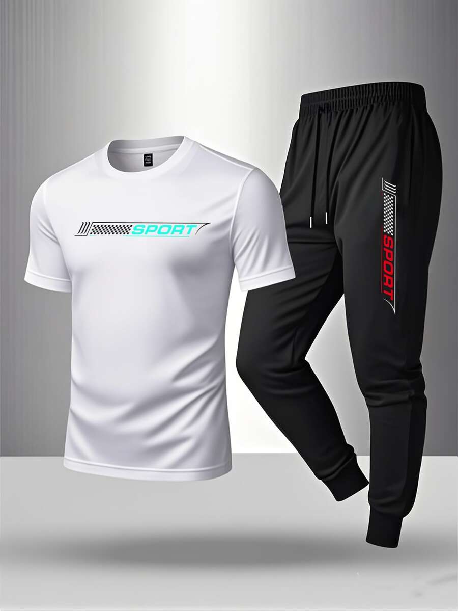 Men's Short-Sleeved T-Shirt Casual Trousers Cotton Suit, Summer 2-Piece Suit Printed Mountain Triangle Icon Print Round Neck T-Shirt + Drawstring Pants Outdoor Casual Sports Pants 2-Piece Suit - trắng - Xem 1