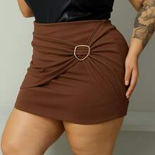 Women's Plus Size Short Skirt With Winter Fashion Ring, Buckle Style - 棕色的 - 查看 2