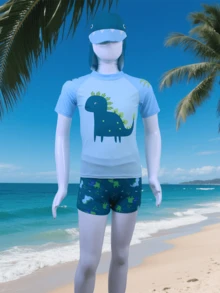 Traje de baño dividido de tres piezas para niños medianos y grandes. Incluye gorra anti - solar. Adorable, trendy y cool. Traje de baño anti - solar para la playa, con patrones cartonísticos de dinosaurios. - Azul - Ver 2