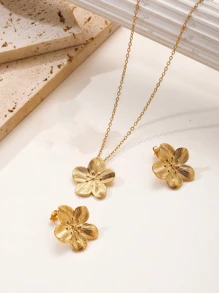 3pcs 18K Gold Plated Stainless Steel 5-Leaf Flower Design Earrings, Pendant Necklace And Ring Set, Gift Valentines,Mom,Mother,Mother's Day,Gift