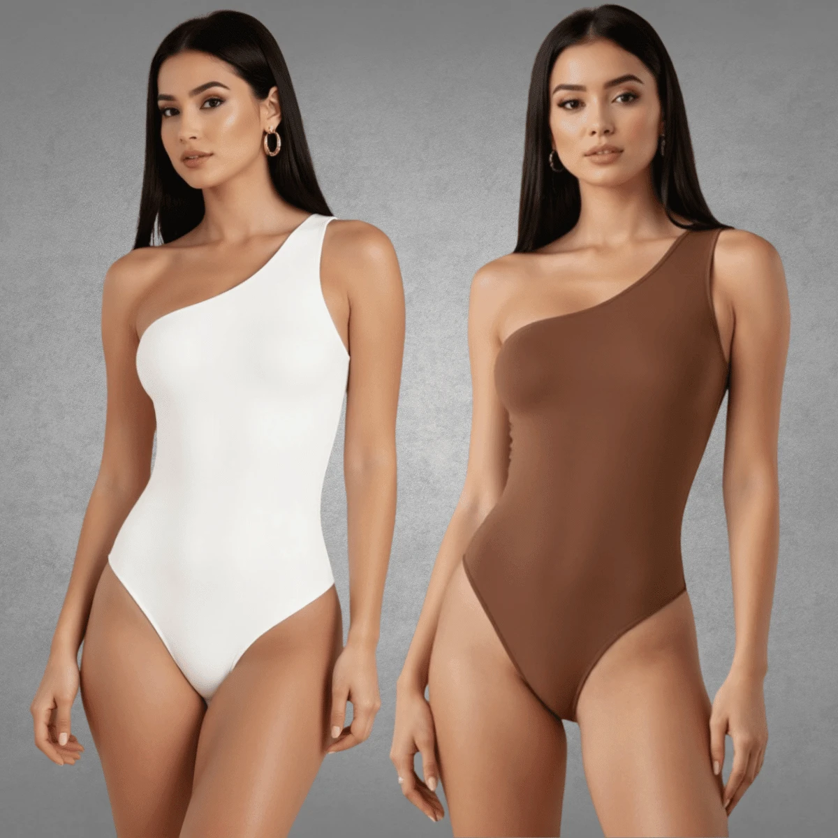 KIT 2 Women's Suplex Mula Manca Bodysuit With Double Lining Thin Strap One Shoulder Premium - 白棕色 - 查看 1