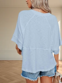 Women's Summer Casual Crewneck Batwing Half Sleeve T-Shirts Solid Color Loose Fit Cute Basic Flowy Tops Tees Blouses - 藍色 - 查看 2