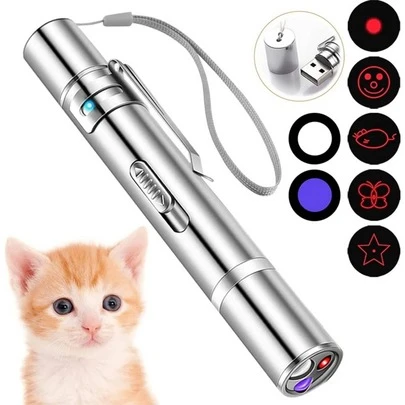 PETSIN 3-In-1 Cat Toys Laser Pen - Red Laser, UV Light, White Light 3 Modes, 5 Red Laser Chase Patterns, UV Wood's Lamp, LED White Flashlight, USB Rechargeable (60mAh), Stainless Steel Material, Pet Training & Interactive Toys