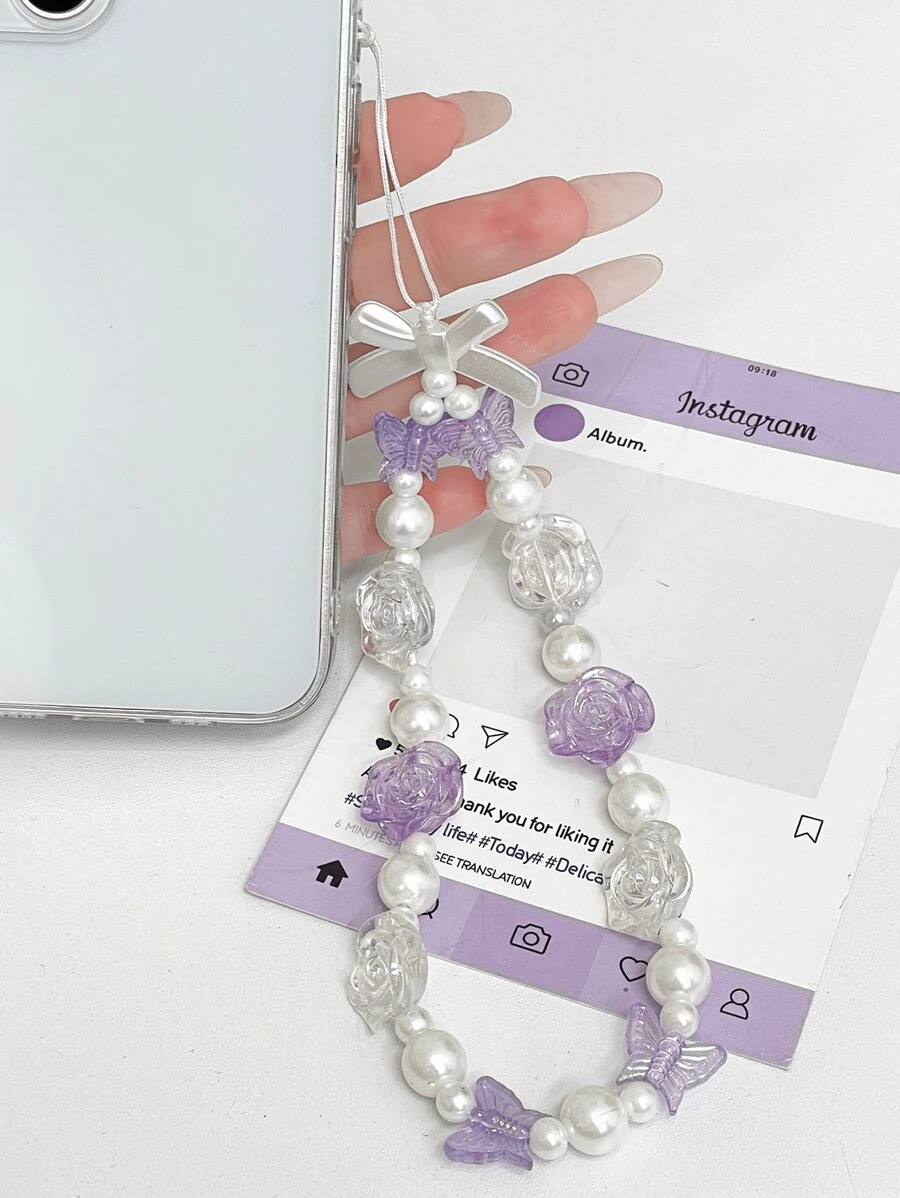 1pc Purple Rose Flower Bracelet, French Rose Flower, Ceramic Style Black Matte Cute Girly Minimalist Smartphone Chain Keychain