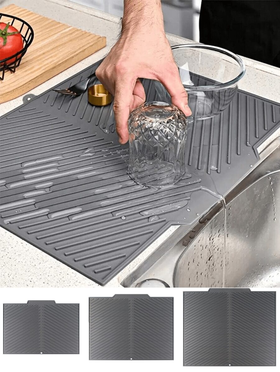 1PC Non-Slip Silicone Kitchen Mat With Drain Slots, Dish Drainer Pad For Sink Or Countertop, Quick Drying Mat For Pots, Pans, And Utensils, Heavy Duty Countertop Protector.