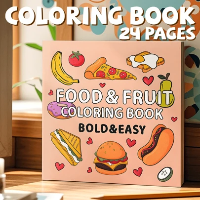 1 pieza Libro de colorear de comida y frutas, tarjetas de colorear y garabatear con patrones de dibujos animados, útiles escolares