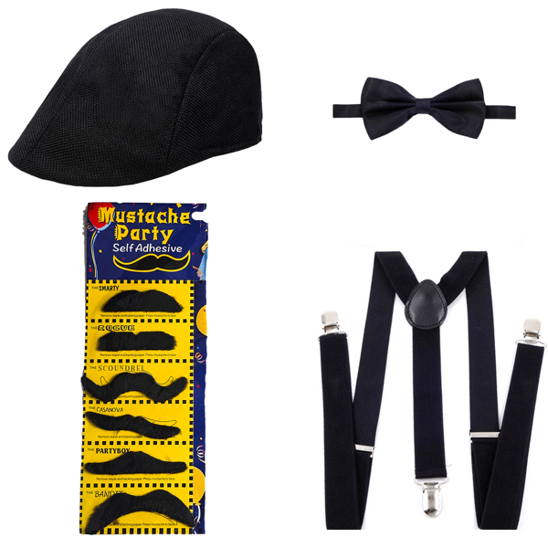Conjunto de 4 piezas, estilo vintage gangster de los años 20 para hombres, equipado con accesorios como boinas, tirantes, corbatas, accesorios para fiestas, etc., adecuado para fiestas de Halloween, fiestas diarias y el regalo perfecto para familiares y amigos