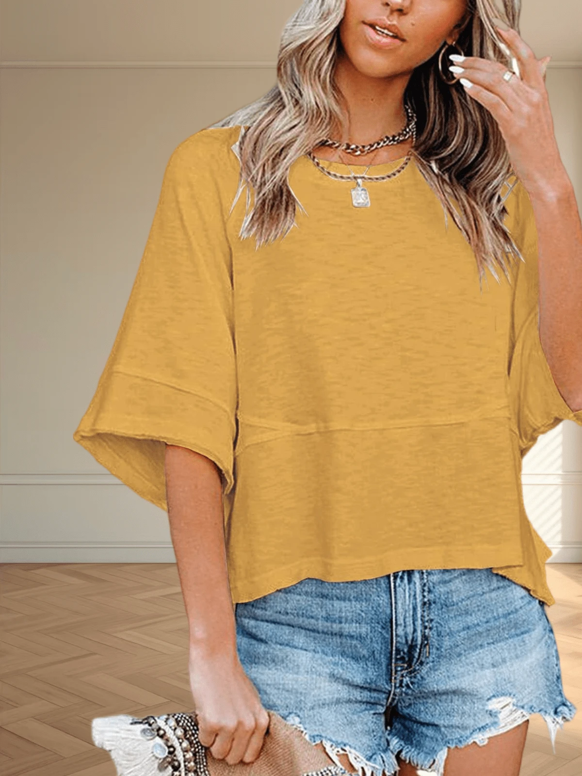 Women's Summer Casual Crewneck Batwing Half Sleeve T-Shirts Solid Color Loose Fit Cute Basic Flowy Tops Tees Blouses - 黃色 - 查看 1