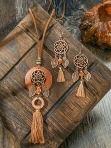 TopHanqi Conjunto de 3 joias vintage boêmias - colar com pingente longo, brincos de borla com desenho de folha, versátil para uso diário, festas e deslocamentos