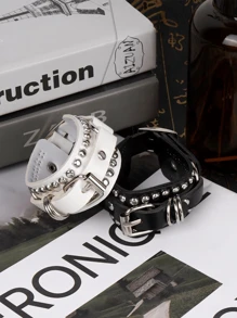 Yanxyad Punk Cuff Bracelet Studded Rock Wristband Sets For Men Women, Adjustable Strap Bangle, Goth Bracelets Jewelry Set Vintage 80s Emo Style, PU Leather, Unisex Fashion Wristbands -Black & White