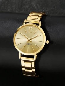 2 Pieces/Set Fashion Elegant Gold Round Quartz Watch And Bracelet As A Couple's Gift, Suitable For Daily Casual Wear, Simple And Elegant, Perfect As A Halloween, Christmas, Or Birthday Gift. - Multicolor - View 5