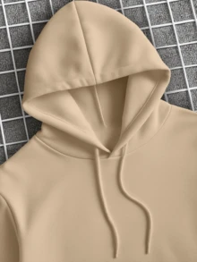 Men's Sweatshirt Kangaroo Cold Weather Top With Plain Hood Without Print - Beige - View 3