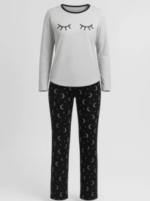 Women's Long Sleeve Cold Weather Printed Eyelash Pajamas With Gray Eyes And Trousers - Grey - View 4