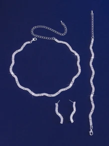 Glitzer-Wellen-förmiges Halsketten-, Ohrringe- und Armband-Schmuckset mit 3 Teilen, elegante Braut Hochzeit Party Accessoires