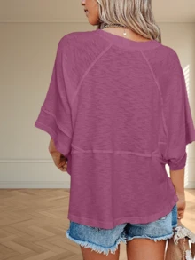 Women's Summer Casual Crewneck Batwing Half Sleeve T-Shirts Solid Color Loose Fit Cute Basic Flowy Tops Tees Blouses - Burgundy - View 2