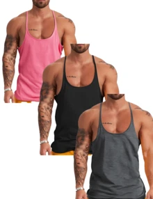 LehmanLin Men's Bodybuilding Stringer Tank Tops Y-Back Gym Fitness Muscle T Shirt Quick Dry (3 Pack) - Black Dark Gray Pink - View 2